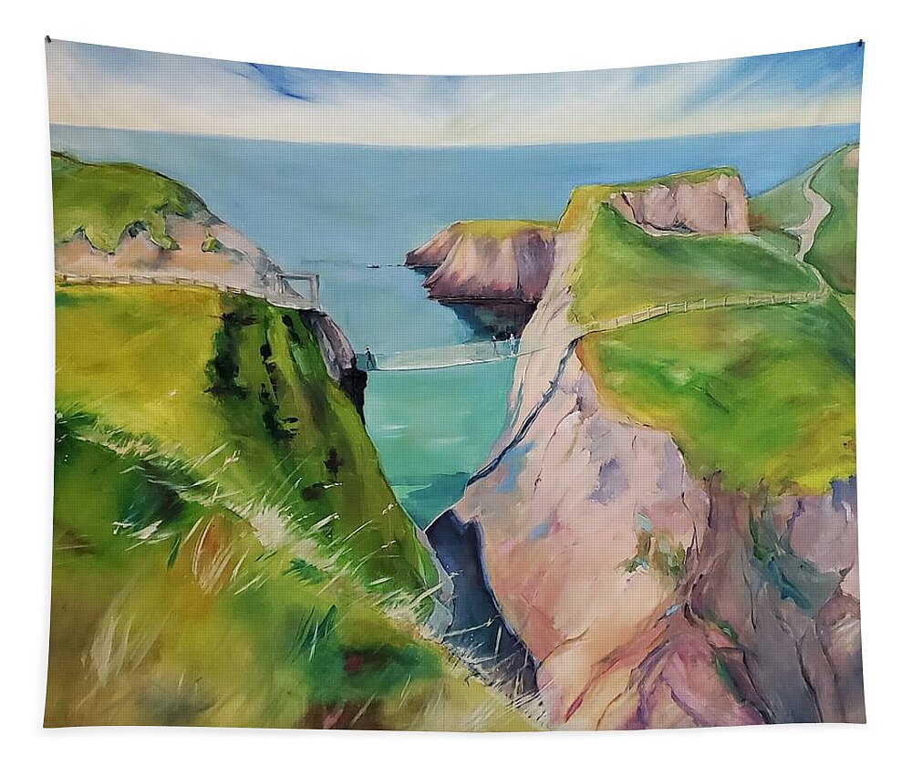 Landscape Tapestry featuring the painting Carrick-a-Rede Rope Bridge by Sheila Romard