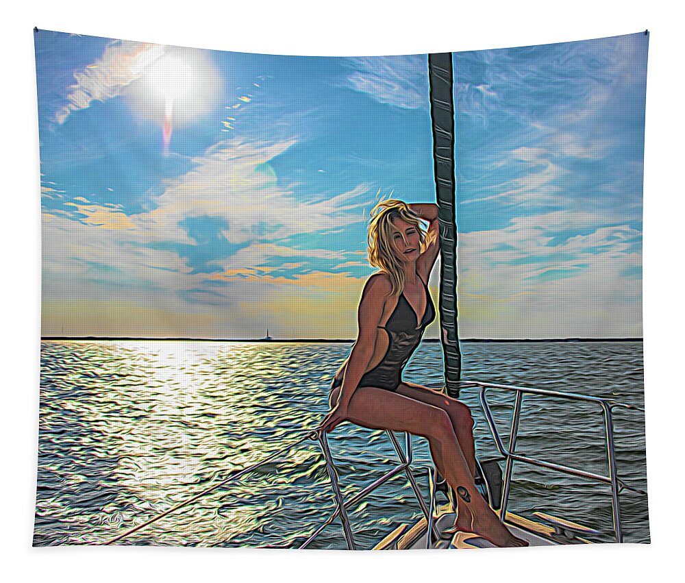 Blonde Tapestry featuring the photograph Carrie on a Yacht by Alan Goldberg