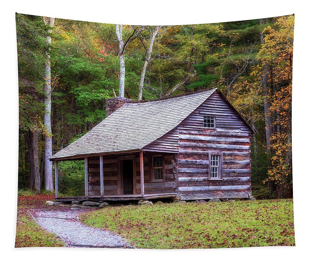 Smoky Mountains Tapestry featuring the photograph Carter Shields Cabin in Autumn - Smoky Mountains by Susan Rissi Tregoning