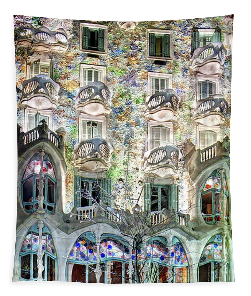 Casa Batllo Tapestry featuring the photograph Casa Batllo at night - Gaudi by Weston Westmoreland