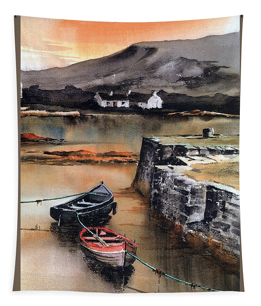 Galway Tapestry featuring the painting Cashel Pier, Connemara by Val Byrne