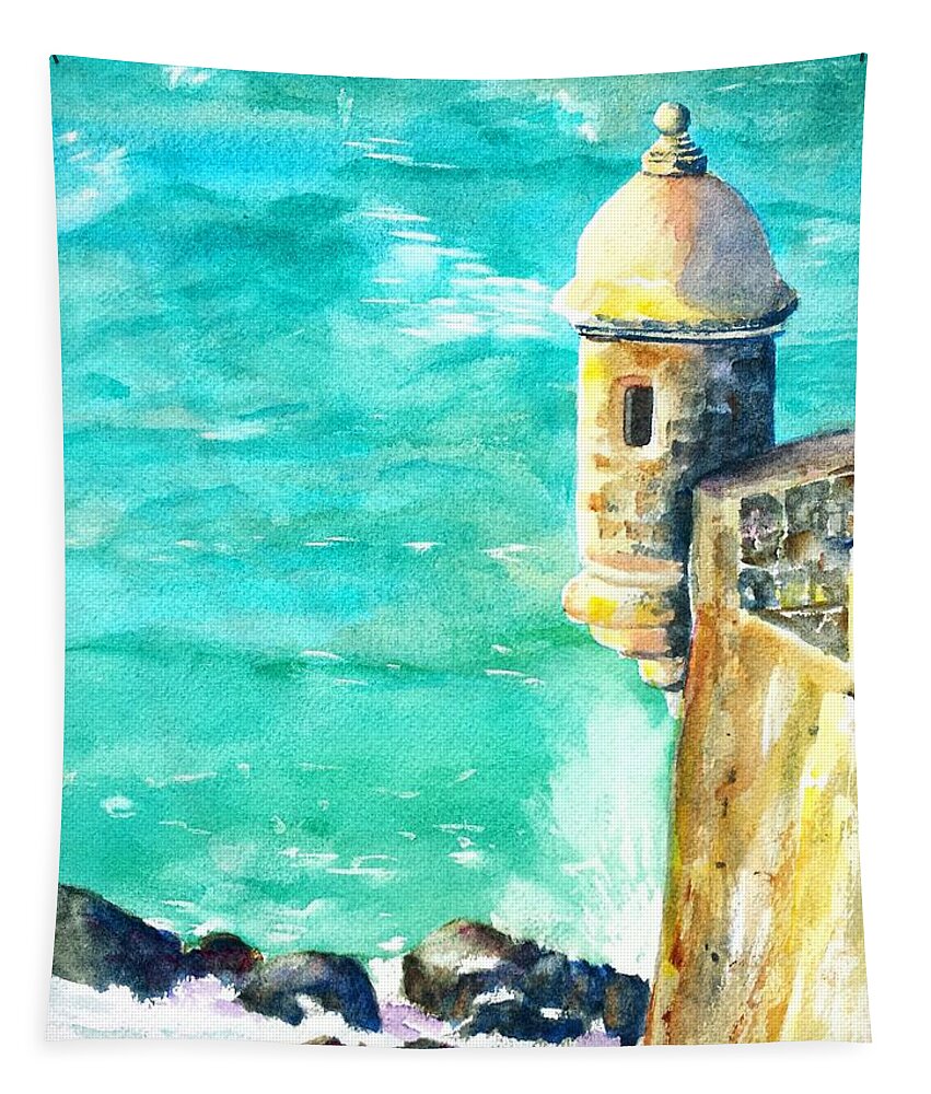 Puerto Rico Tapestry featuring the painting Castillo de San Cristobal Ocean Sentry by Carlin Blahnik CarlinArtWatercolor