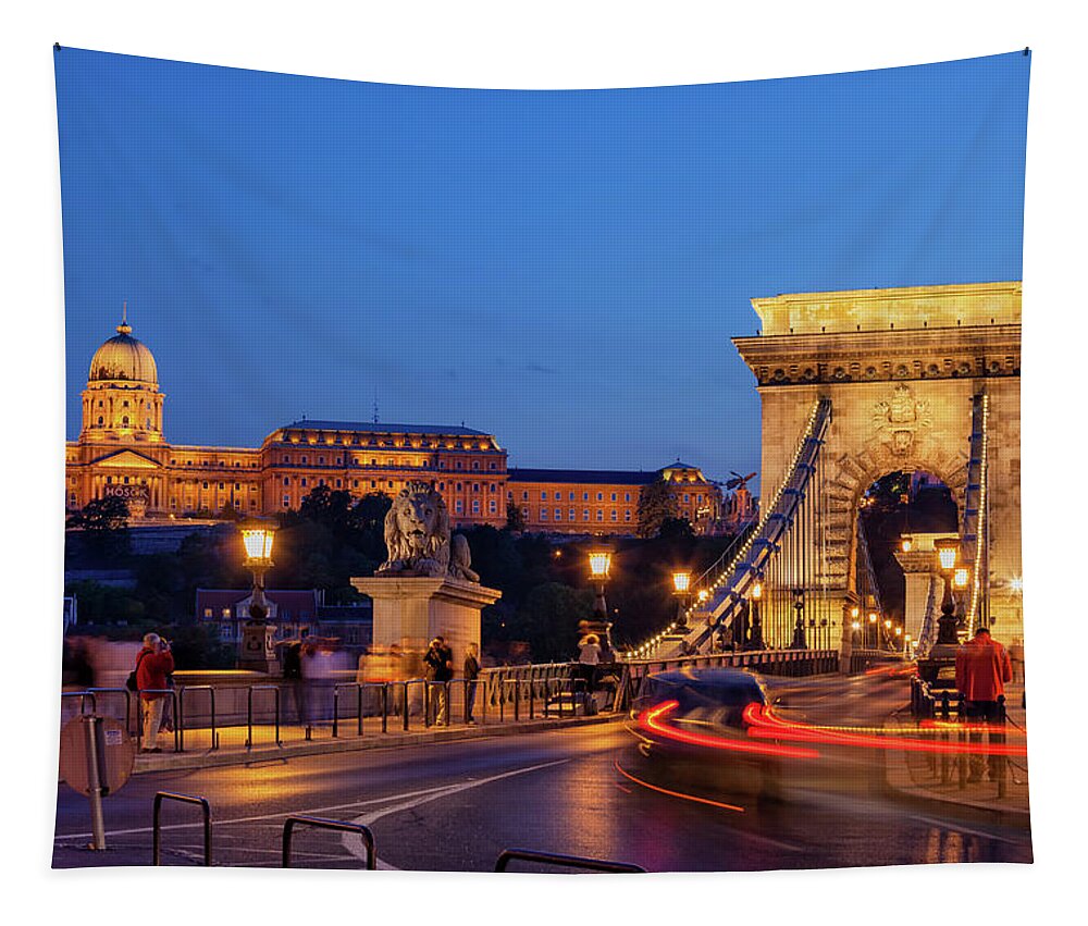 Budapest Tapestry featuring the photograph Castle And Chain Bridge in Budapest at Night by Artur Bogacki