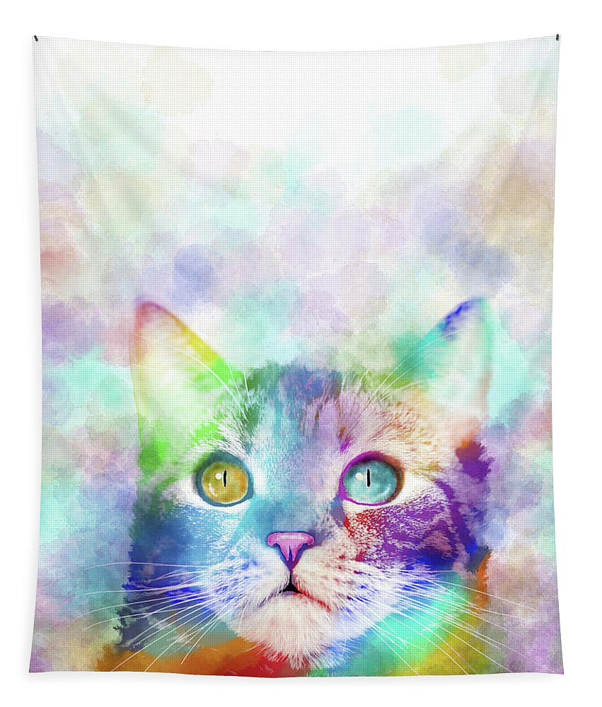 Cat Tapestry featuring the digital art Cat 663 multicolor cat by artist Lucie Dumas by Lucie Dumas