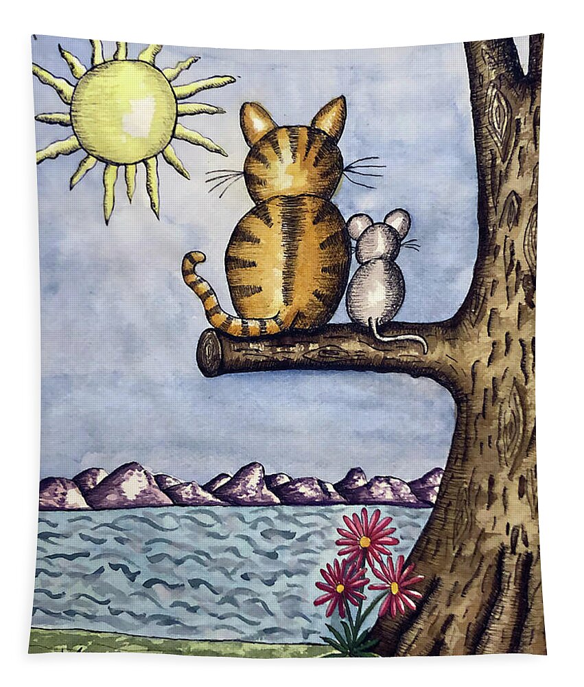 Childrens Art Tapestry featuring the painting Cat Mouse Sun by Christina Wedberg