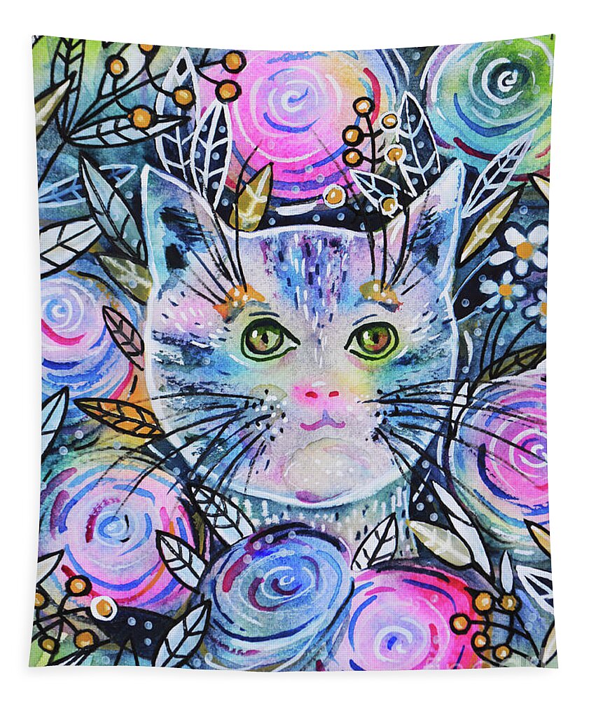 Floral Cat Tapestry featuring the painting Cat on Flower Bed by Zaira Dzhaubaeva