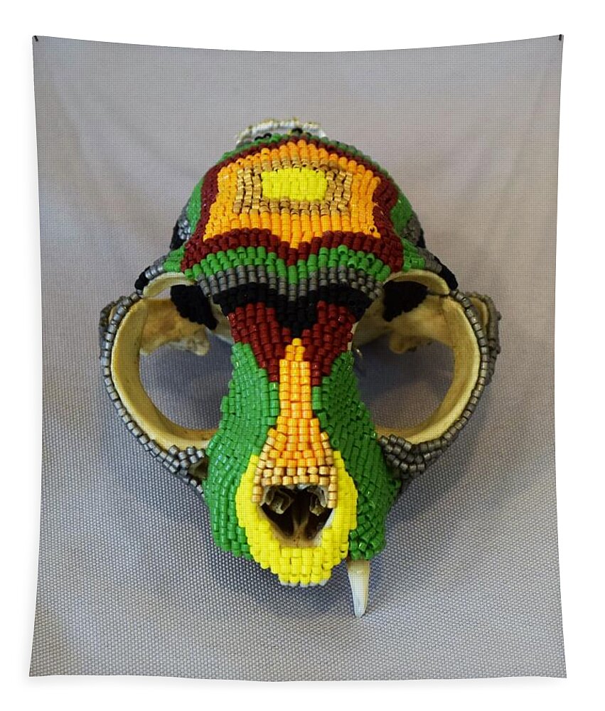 Skull Tapestry featuring the mixed media Cat Skull by Charla Van Vlack