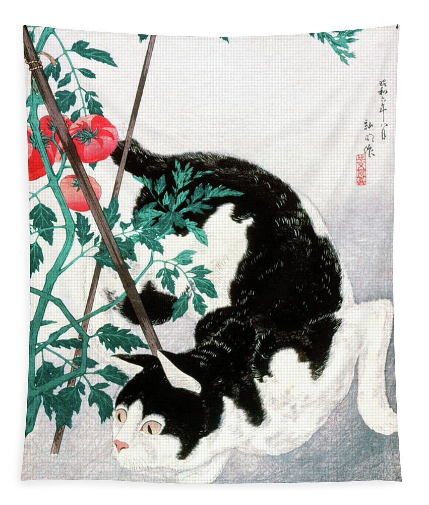 Japan Tapestry featuring the painting Cat with Tomato Plant by Hiroaki Takahashi