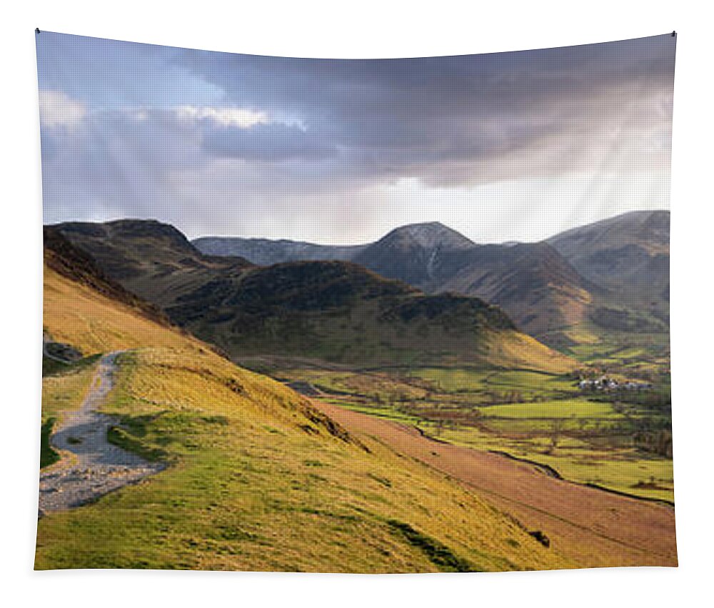 Panorama Tapestry featuring the photograph Catbells Hiking trail in the Lake District England by Sonny Ryse