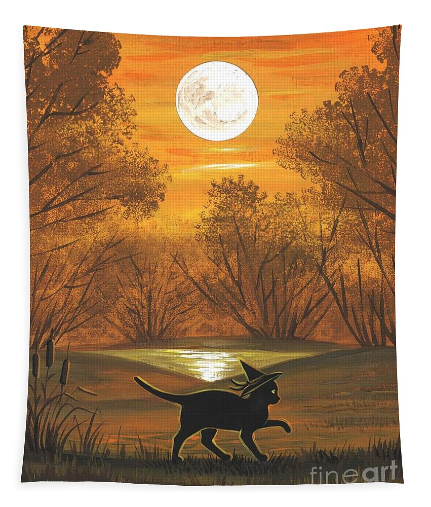 Halloween Tapestry featuring the painting Catwitch Of Salem Forest by Margaryta Yermolayeva