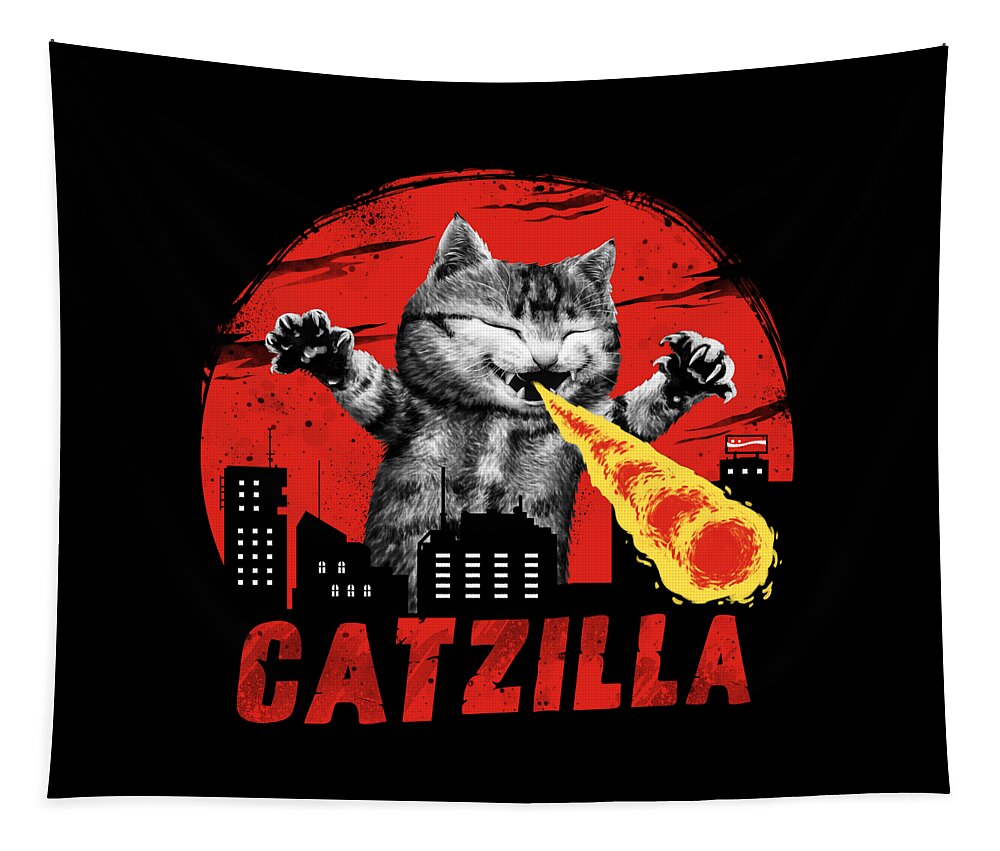 Cat Tapestry featuring the digital art Catzilla by Vincent Trinidad