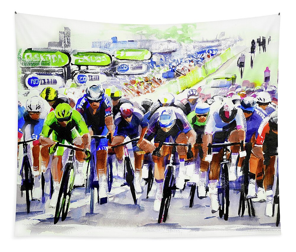 Le Tour De France Tapestry featuring the painting Cavendish Comeback Stage 6 TDF 2021 by Shirley Peters