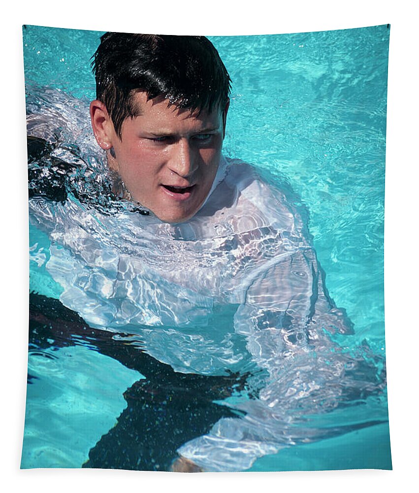 Dv8ca Tapestry featuring the photograph Caz in the pool, suited by Jim Whitley