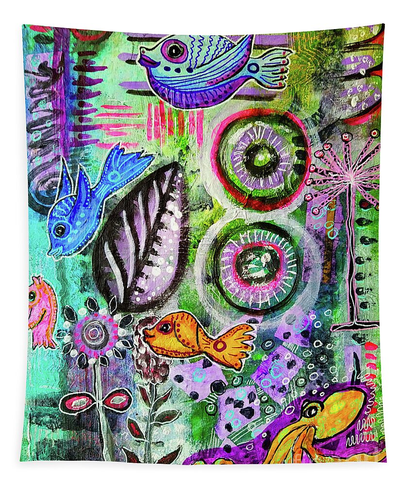 Deep Sea Tapestry featuring the mixed media Cedric Octopus Sitting in a Cloud of Deep Violet Ink by Mimulux Patricia No