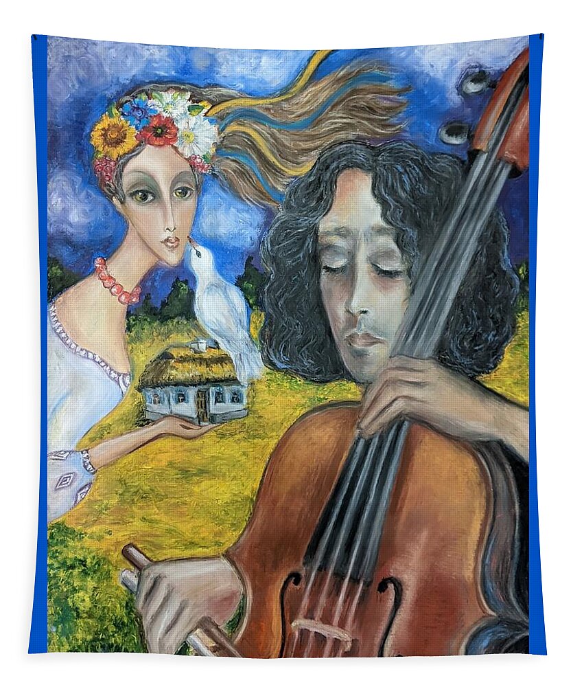 Ukraine Tapestry featuring the painting Cello For Peace by Yana Golberg