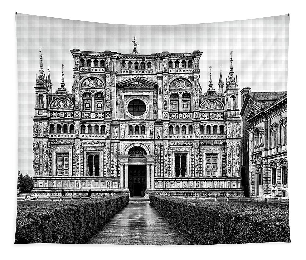 Northern Italy Tapestry featuring the photograph Certosa di Pavia in Lombardy, Italy - Black And White by Elvira Peretsman