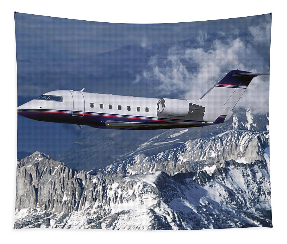 Challenger Business Jet Tapestry featuring the mixed media Challenger Corporate Jet over Snowcapped Mountains by Erik Simonsen