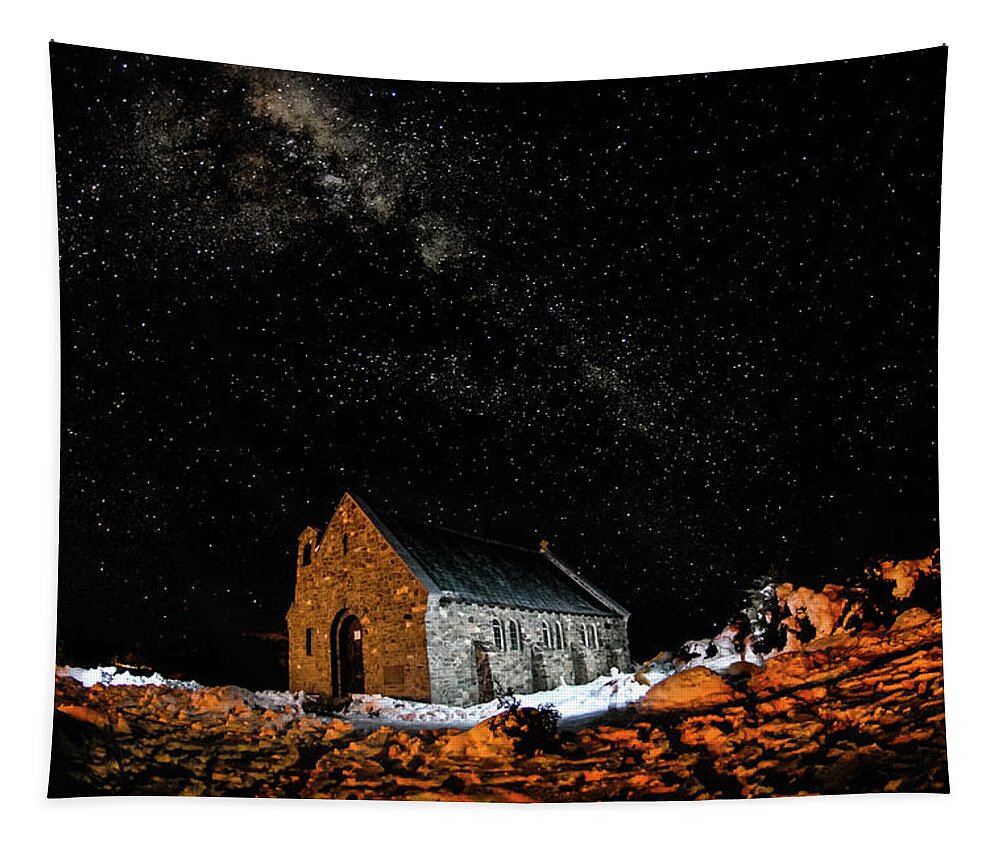 Milky Way Tapestry featuring the photograph Chapel - Church of Good Shepherd, South Island, New Zealand by Earth And Spirit