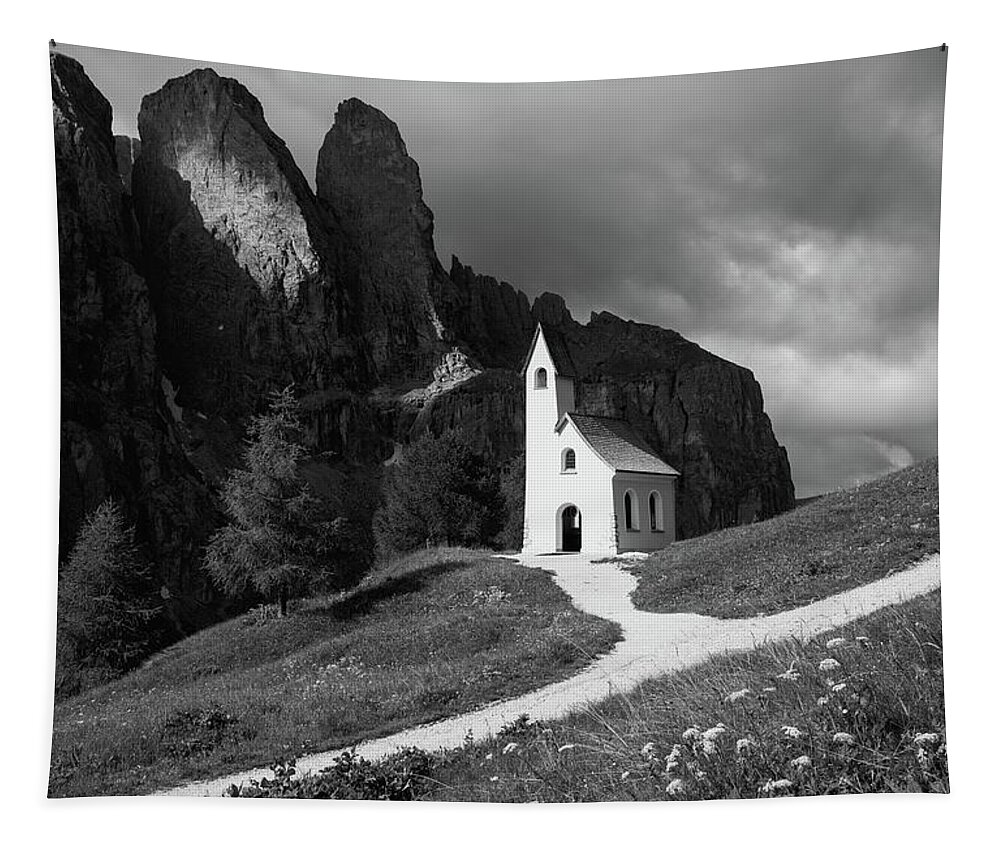 Dolomites Tapestry featuring the photograph Chapel On Passo Gardena, The Dolomites, Italy by Sarah Howard