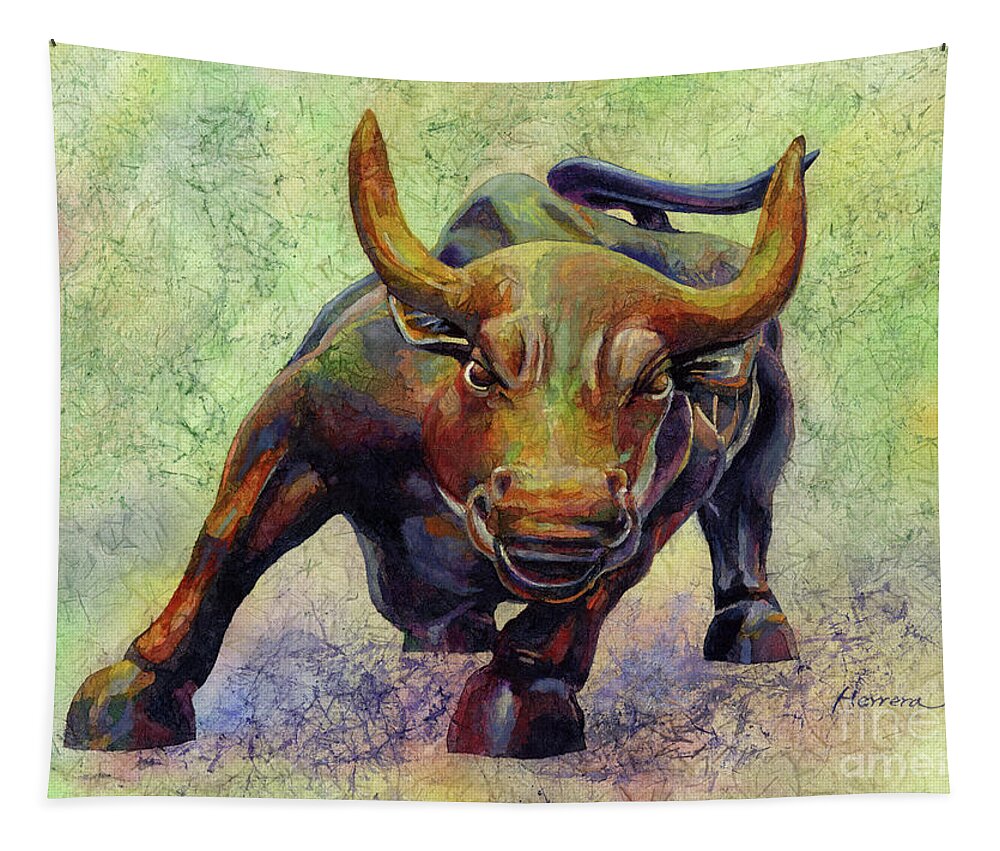 Charging Bull Tapestry featuring the painting Charging Bull by Hailey E Herrera