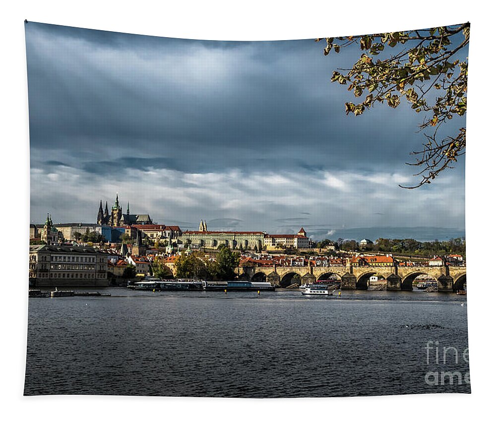 Prague Tapestry featuring the photograph Charles Bridge Over Moldova River And Hradcany Castle In Prague In The Czech Republic by Andreas Berthold