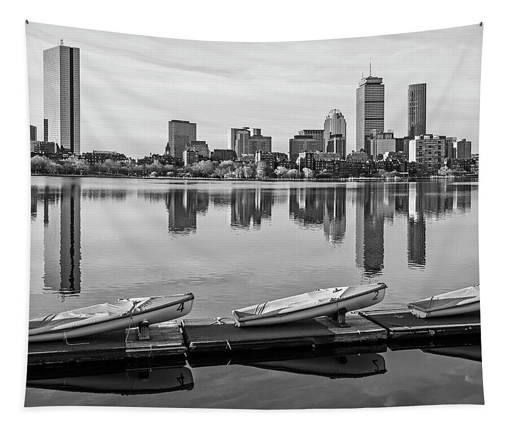 Charles Tapestry featuring the photograph Charles River Beautiful Spring Day and Reflection Boston Massachusetts Black and White by Toby McGuire