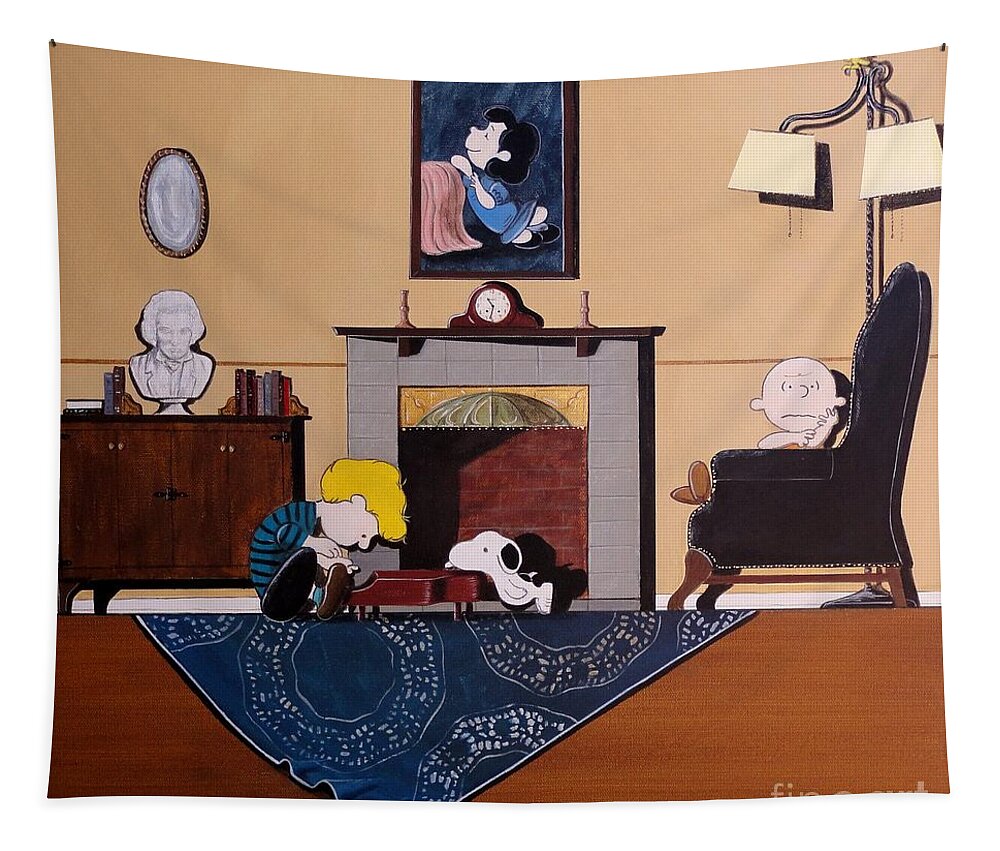 Peanuts Tapestry featuring the painting Charlie Brown Sitting in a Chair by John Lyes