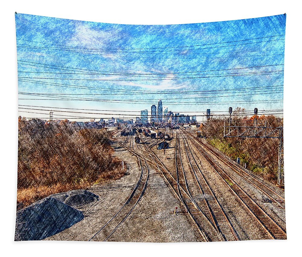 Charlotte-architecture-photography Tapestry featuring the digital art Charlotte Skyline from Matheson Bridge by SnapHappy Photos