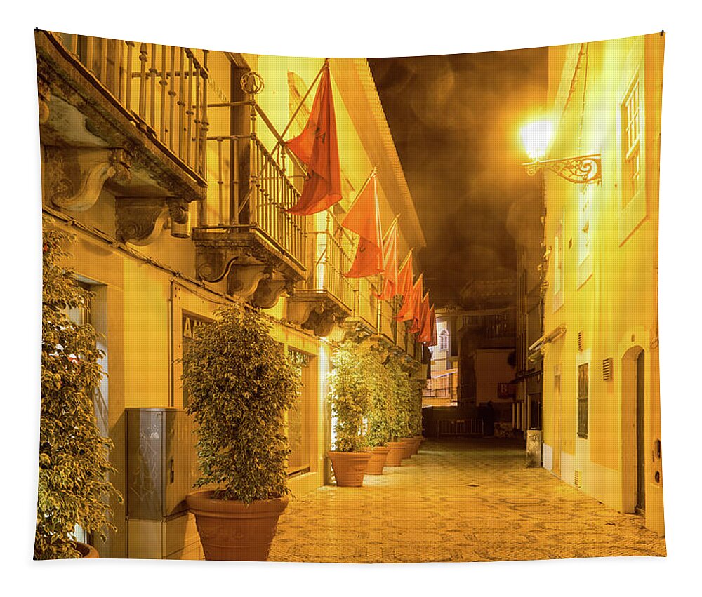 Charming Faro Tapestry featuring the photograph Charming Faro Algarve Portugal - Fab Small Street with Flags and Sea Mist Lens Flares by Georgia Mizuleva
