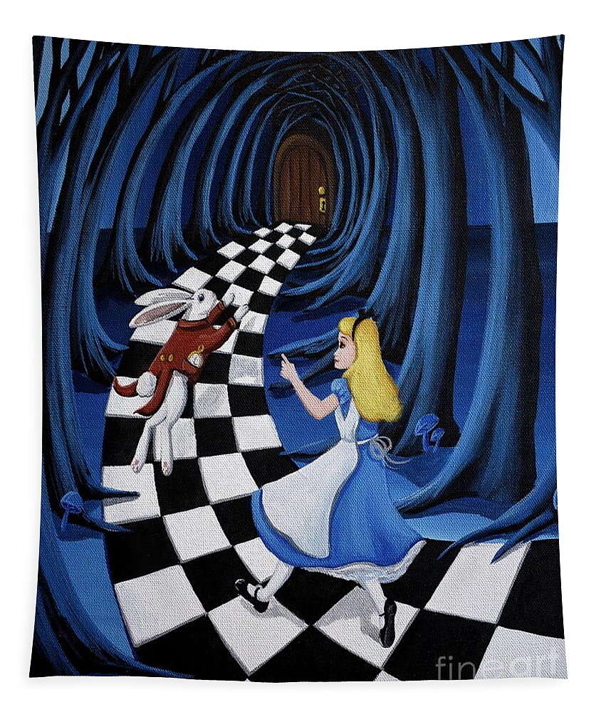 Alice In Wonderland Tapestry featuring the painting Chasing Rabbit Alice Wonderland by Debbie Criswell