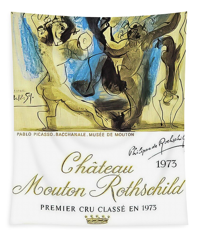 Chateau Tapestry featuring the drawing Chateau Mouton Rothschild 1973 Wine Label Artwork by Pablo Picasso by Pablo Picasso