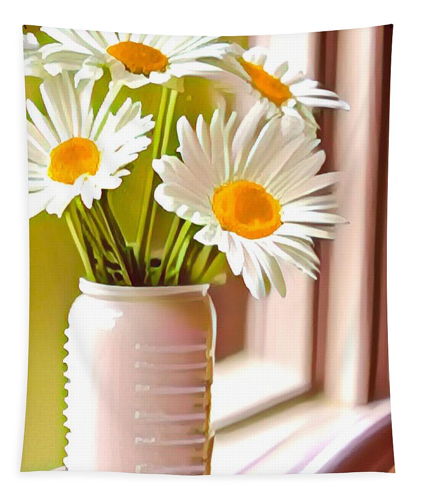 Windowsill Tapestry featuring the mixed media Cheerful Daisies by Bonnie Bruno