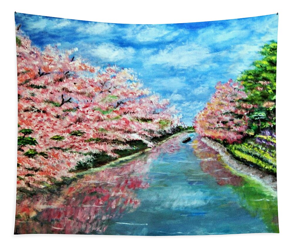 Landscape Tapestry featuring the painting Cherry Blossoms by Gregory Dorosh