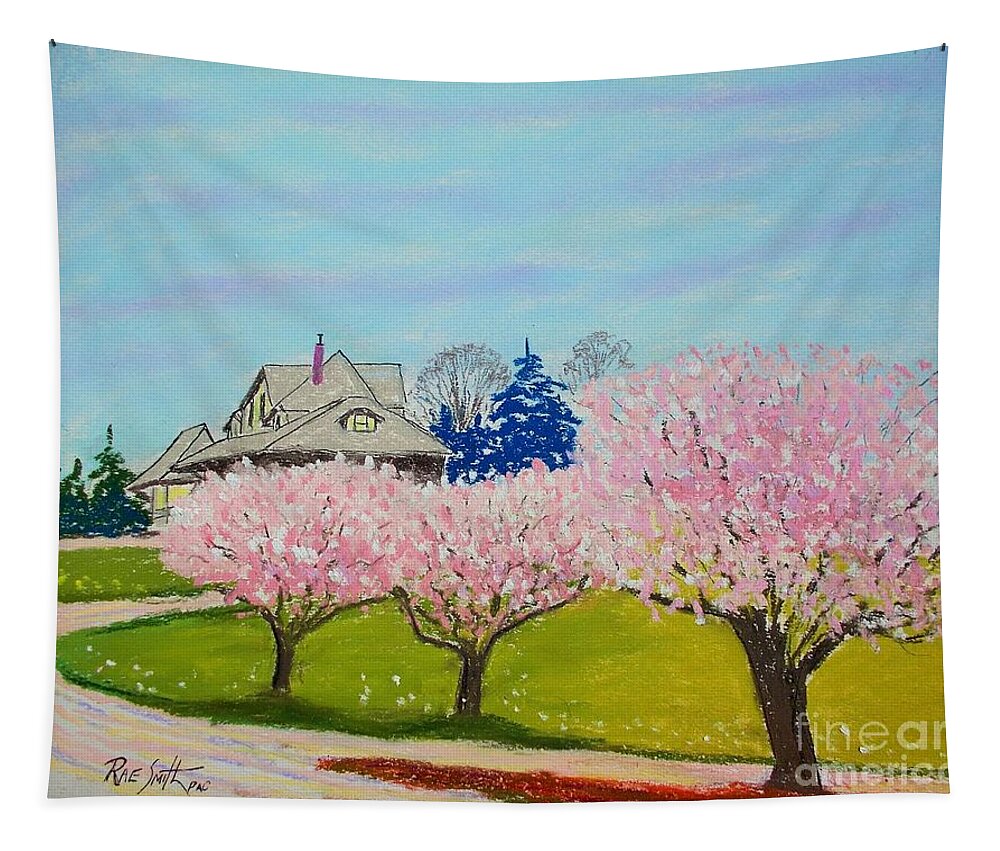 Pastels Tapestry featuring the pastel Cherry Blossoms on a Grey Day-Chester Train Station by Rae Smith PAC