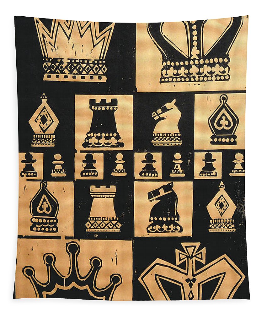 Woodcut Tapestry featuring the painting Chess Woodcut by Mary Helmreich