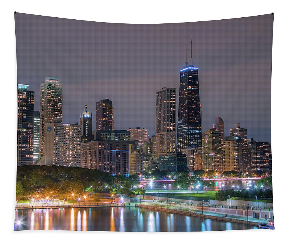 Chicago Tapestry featuring the photograph Chicago skyline at Night #1 by Jay Smith