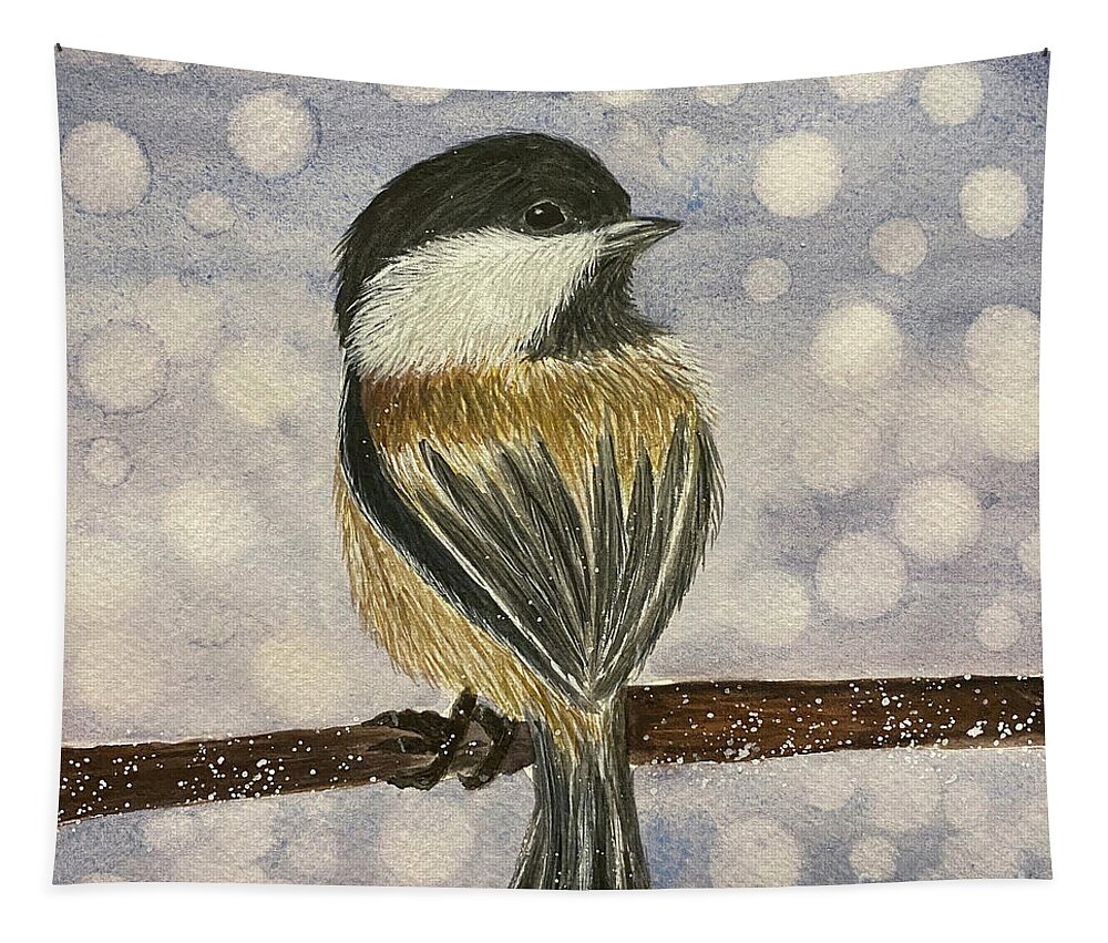 Chickadee Tapestry featuring the painting Chickadee In Snow by Lisa Neuman