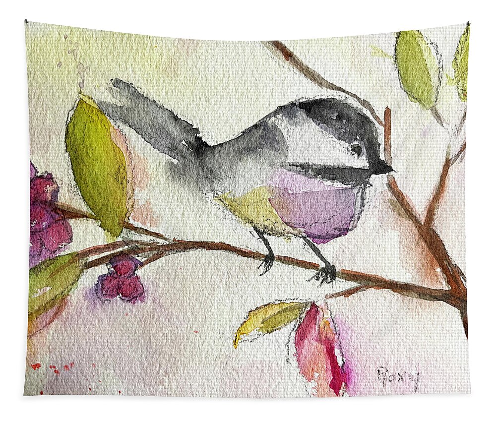 Watercolor Chickadee Tapestry featuring the painting Chickadee perched in a Tree by Roxy Rich