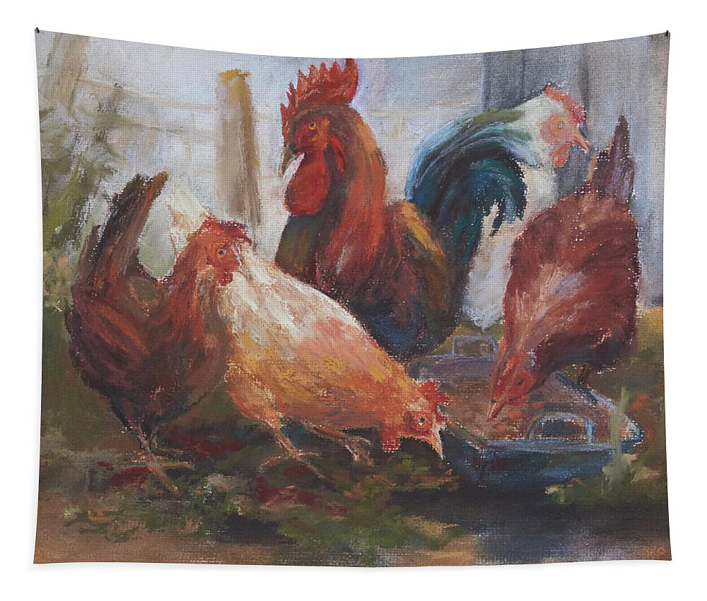 Barbara Pommerenke Chickens Huehner Tiere Animals Life Stock Poultry Pastel Chalk Pastellkreide Tapestry featuring the drawing Chickens by Barbara Pommerenke