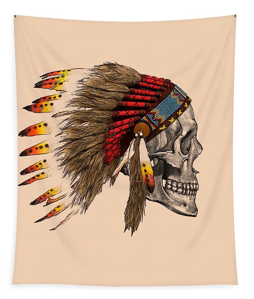 Indian Tapestry featuring the digital art Chief headdress on human skull native american art by Madame Memento