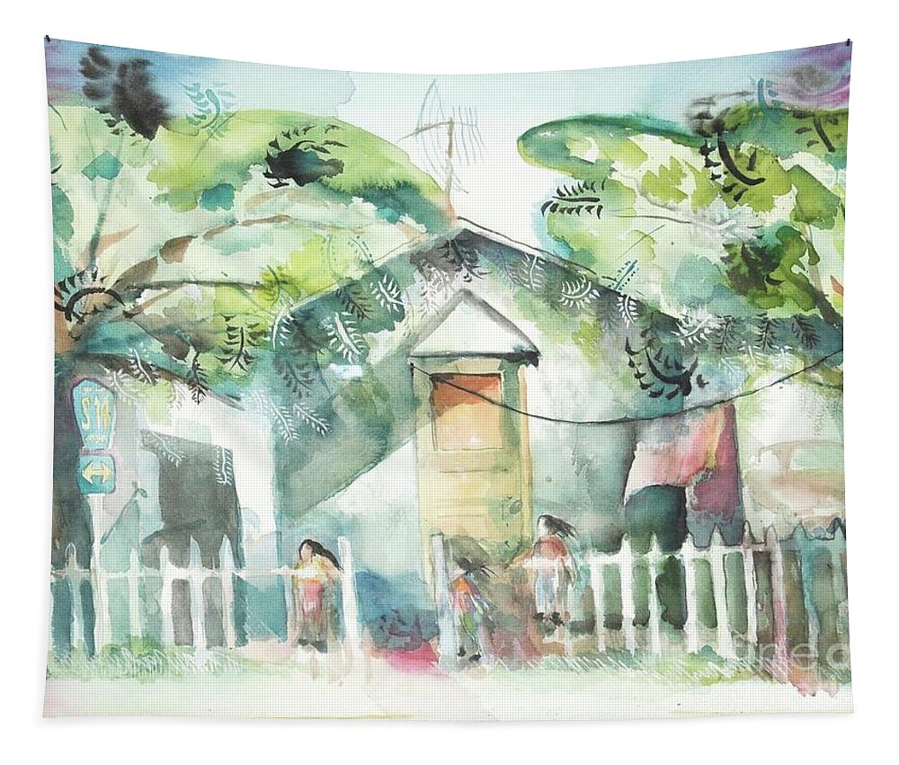 #children #play #childrenatplay #watercolor #watercolorpainting #rural #house #trees #picketfence #fence #door #s14 #southerncalifornia #california #vista #glenneff #neff #thesoundpoetsmusic #picturerockstudio Www.glenneff.com Tapestry featuring the painting Children at Play by Glen Neff