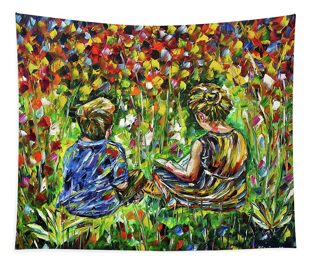 First Love Tapestry featuring the painting Children In The Garden by Mirek Kuzniar