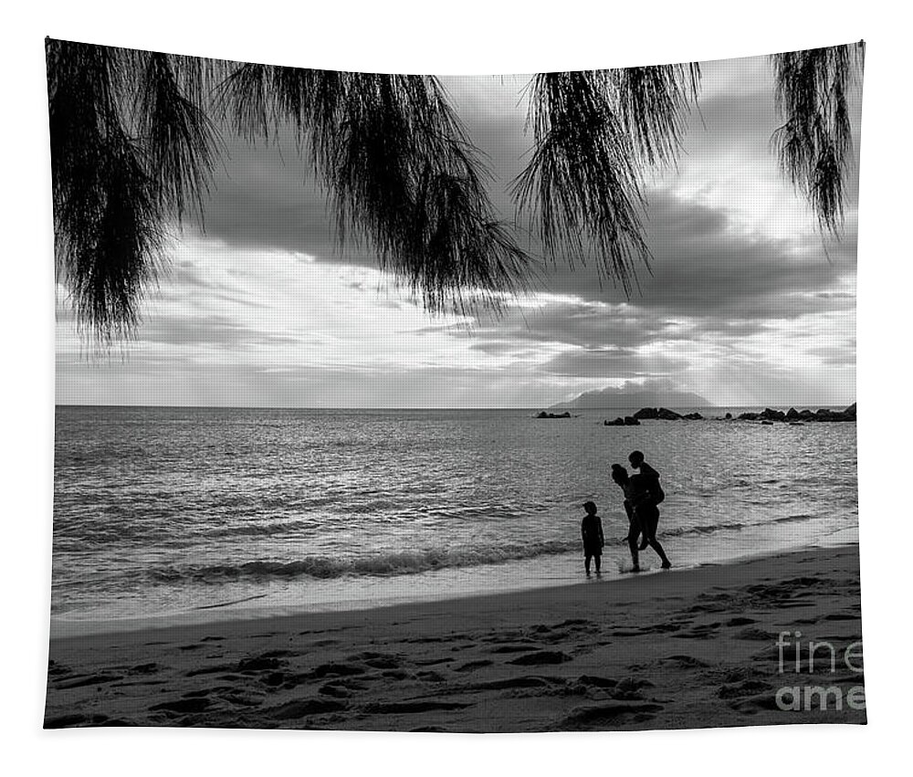 Seychelles Tapestry featuring the photograph Children on a tropical beach, black and white by Delphimages Photo Creations