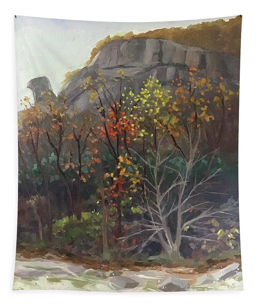 Chimney Rock Tapestry featuring the painting Chimney Rock Fall by Anne Marie Brown