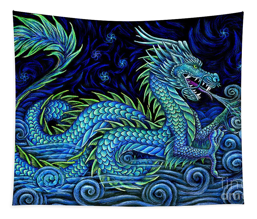 Chinese Dragon Tapestry featuring the drawing Chinese Azure Dragon by Rebecca Wang