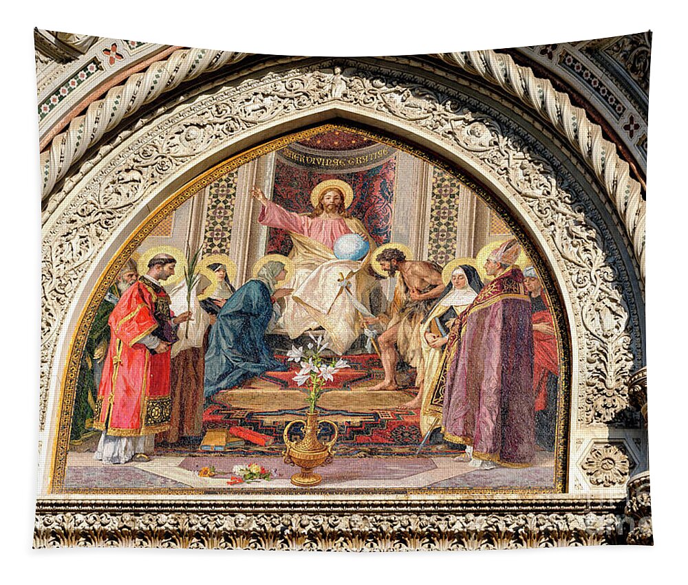 Christ Enthroned With Mary And John The Baptist Tapestry featuring the photograph Christ Enthroned with Mary and John the Baptist at the Florence Cathedral in Italy by John Rizzuto