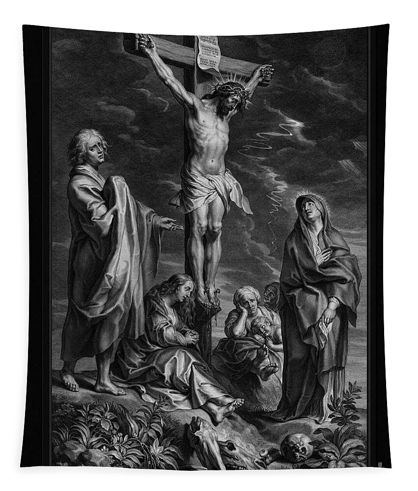Christ On The Cross Tapestry featuring the painting Christ on the Cross, with Mary and Johannes by Engraver Schelte Adamsz Bolswert Classical Art by Rolando Burbon