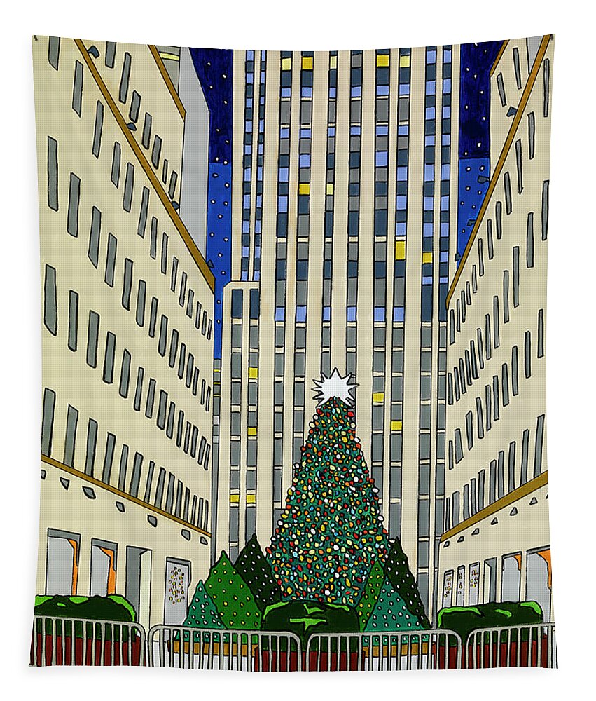 Rockefeller Center Christmas Tree New York City Christmas Tapestry featuring the painting Christmas at Rockefeller Center by Mike Stanko