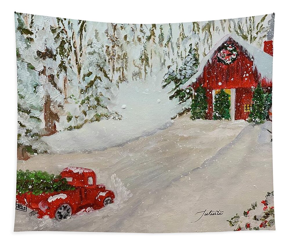 Red Truck Tapestry featuring the painting Christmas at the Tree Barn by Juliette Becker