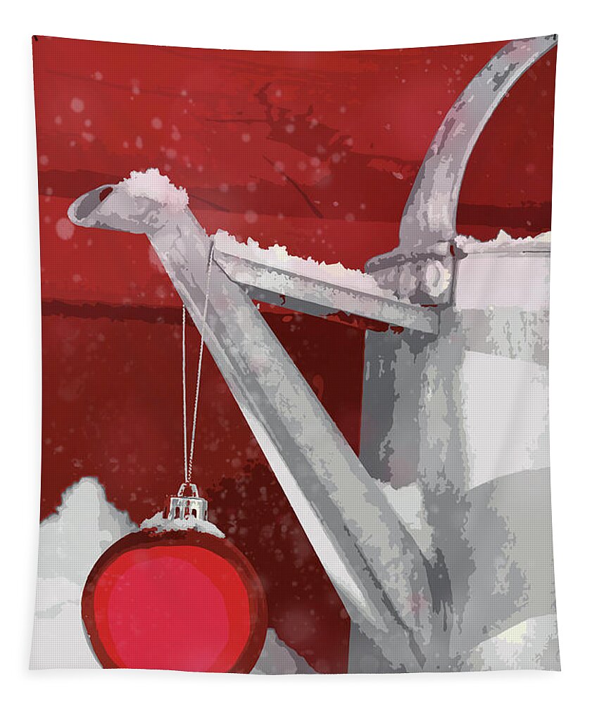 Bird Tapestry featuring the digital art Christmas ball on watering can in the snow by Sandra Cunningham